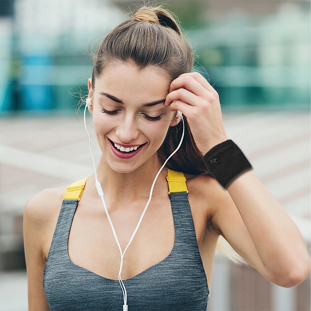 Wrist Band Wallets, Sweat Bands Wristbands Health Gear Sport Coin Keys Storage Pouch Wallets Breathable Pocket Sweatband Wallet with Zipper for Gym Running Basketball Hiking Jogging Black