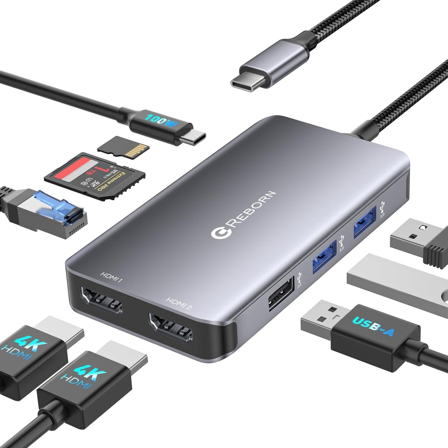 Reborn 9-in-1 4K 2HDMI 1Gbps 5Gbps 3.0, 100W Laptop Docking Station Dual Monitor, USB C Hub Dual Monitor with Ports