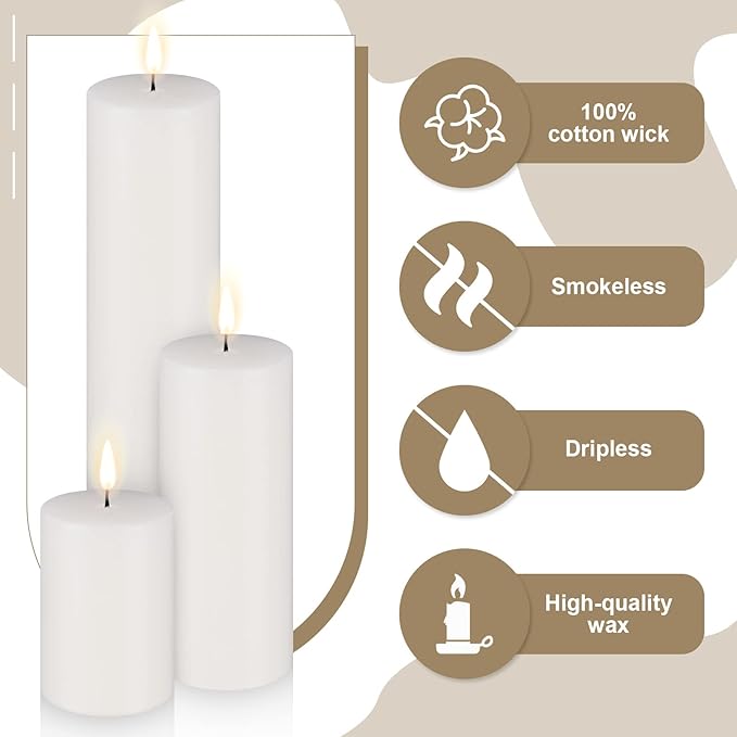 Amyhill Set of 30 White Unscented Pillar Candles 2 x 3, 2 x 5, 2 x 8 Inch Large Tall Pillar Candles Bulk Rustic Emergency Big Cotton Wick Wax for Wedding Home Restaurants Spa Church Decorations