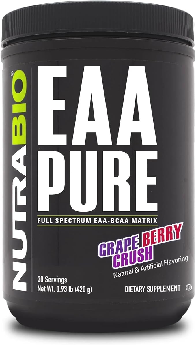 NutraBio ??EAA Pure ??9 Amino Acids ??Muscle Repair and Recovery, 30 Servings, Grape Berry Crush ??Pre or Post Workout ??All Day Recovery