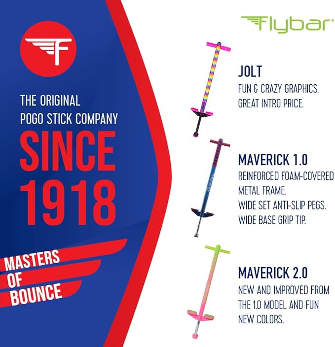 Flybar Maverick Foam Pogo Stick for Kids Age 5 and Up, 40 to 80 Pounds, Pogo Stick for Boys and Girls (Red/Blue)