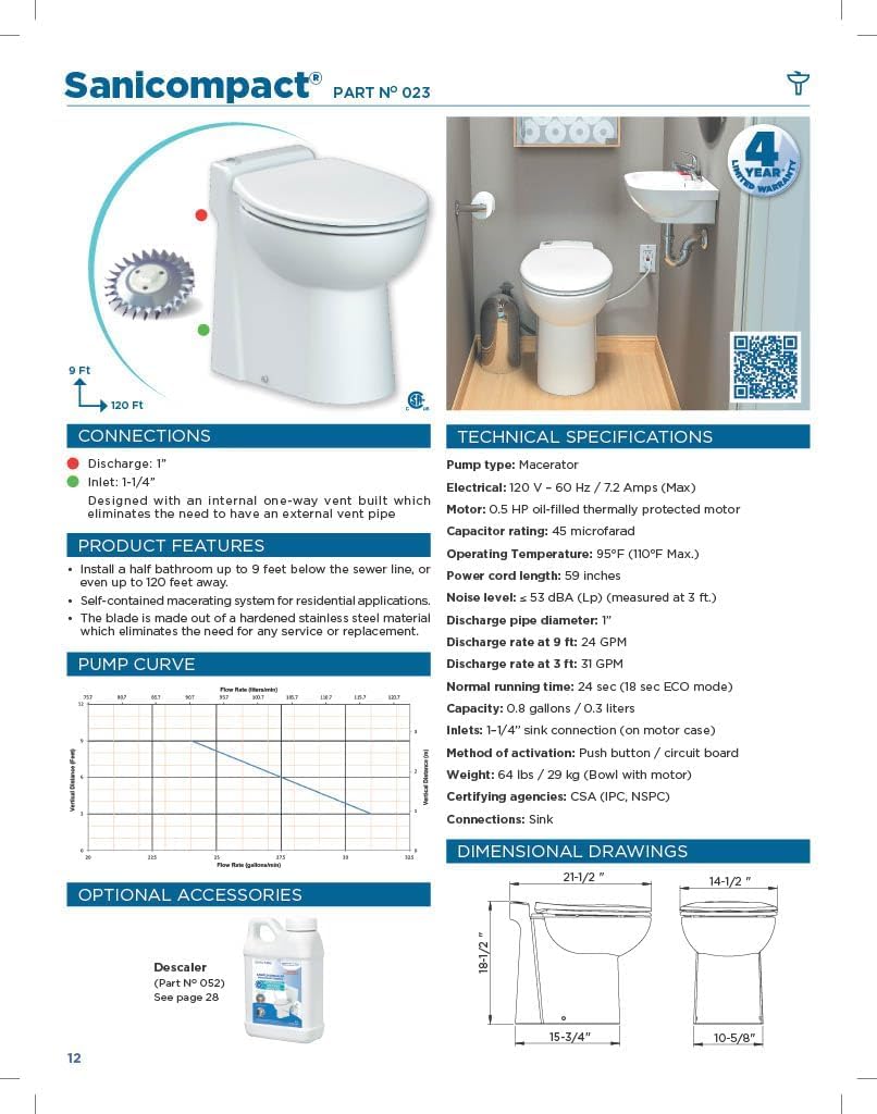 SFA SANIFLO - Sanicompact - Half-Bathroom Macerating Toilet - Water Saving Dual-flush System - Self-Contained Solution - Silent (53 dBa) - Certified CSA (IPC, NSPC) - Made In France