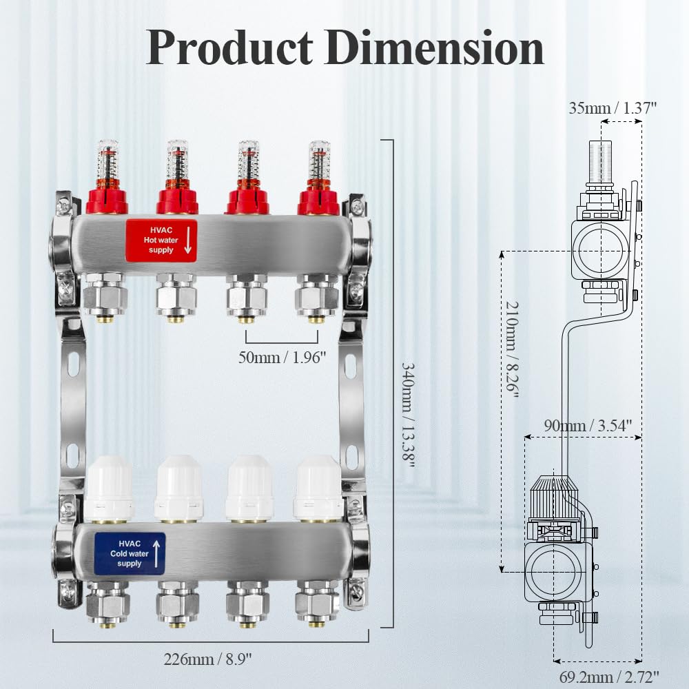 AB 4 Loop PEX/Radiant Manifold, 1/2 Inch Compatible Outlets, Up to 1.3 GPM Flow Valve for Hydronic Radiant Floor Heating(1/2" Connectors Included)