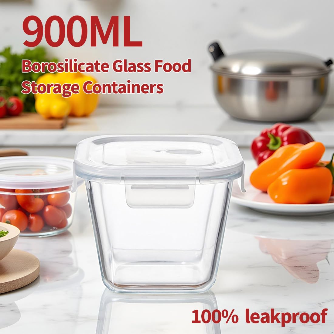 H.JSS WDJS 4 Cup Square Glass Food Storage Container with Lids, Square Glass Soup Container with Airtight Lids, 32 OZ Food Prep Bowls for Leftovers, Salad, Microwave、Fridge、Dishwasher Safe (4 Pack)