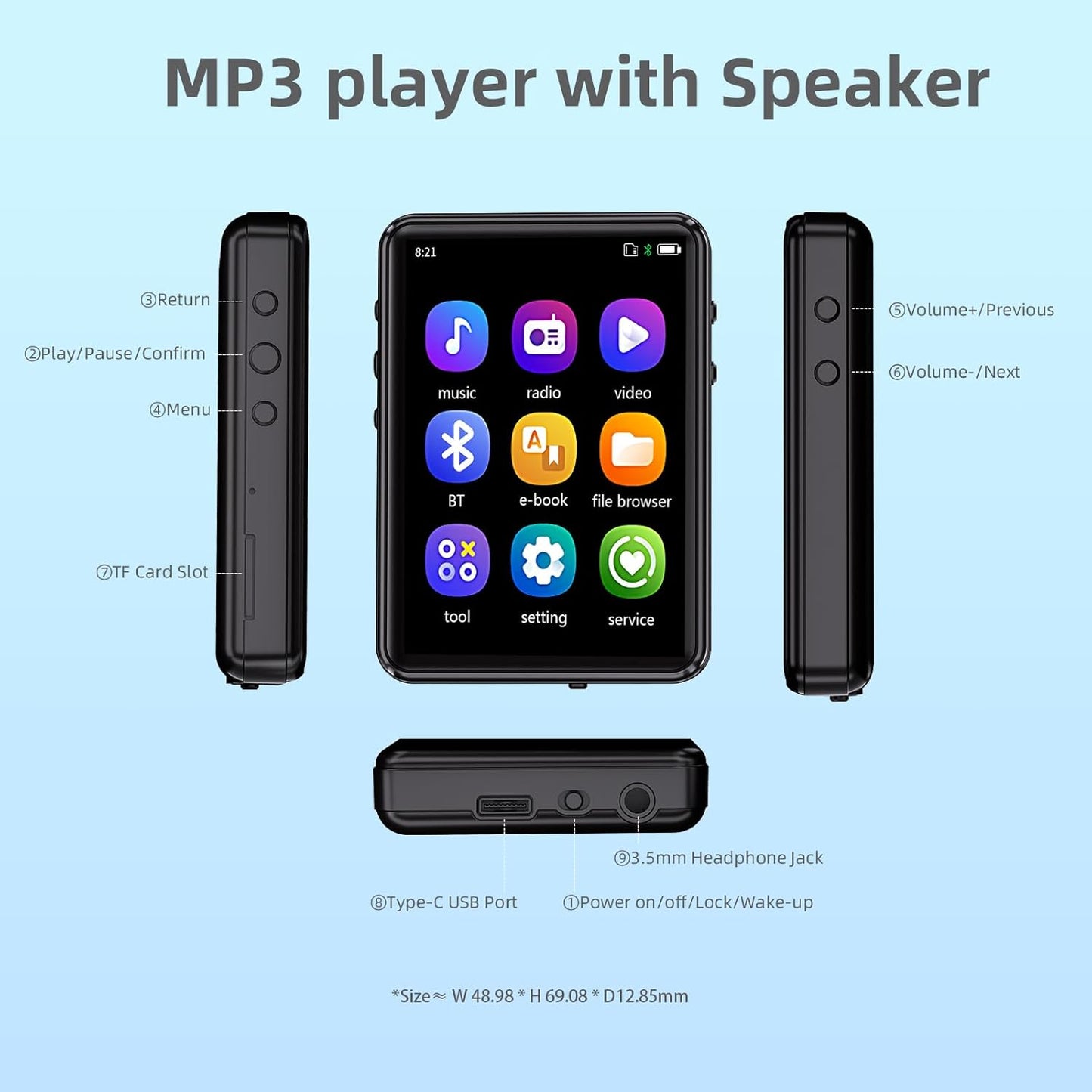 Tengsen MP3 5.3 MP3 Slot,64GB Player with Bluetooth Portable Music Player with Speaker,FM Radio,E-Book,Shuffle/Repeat