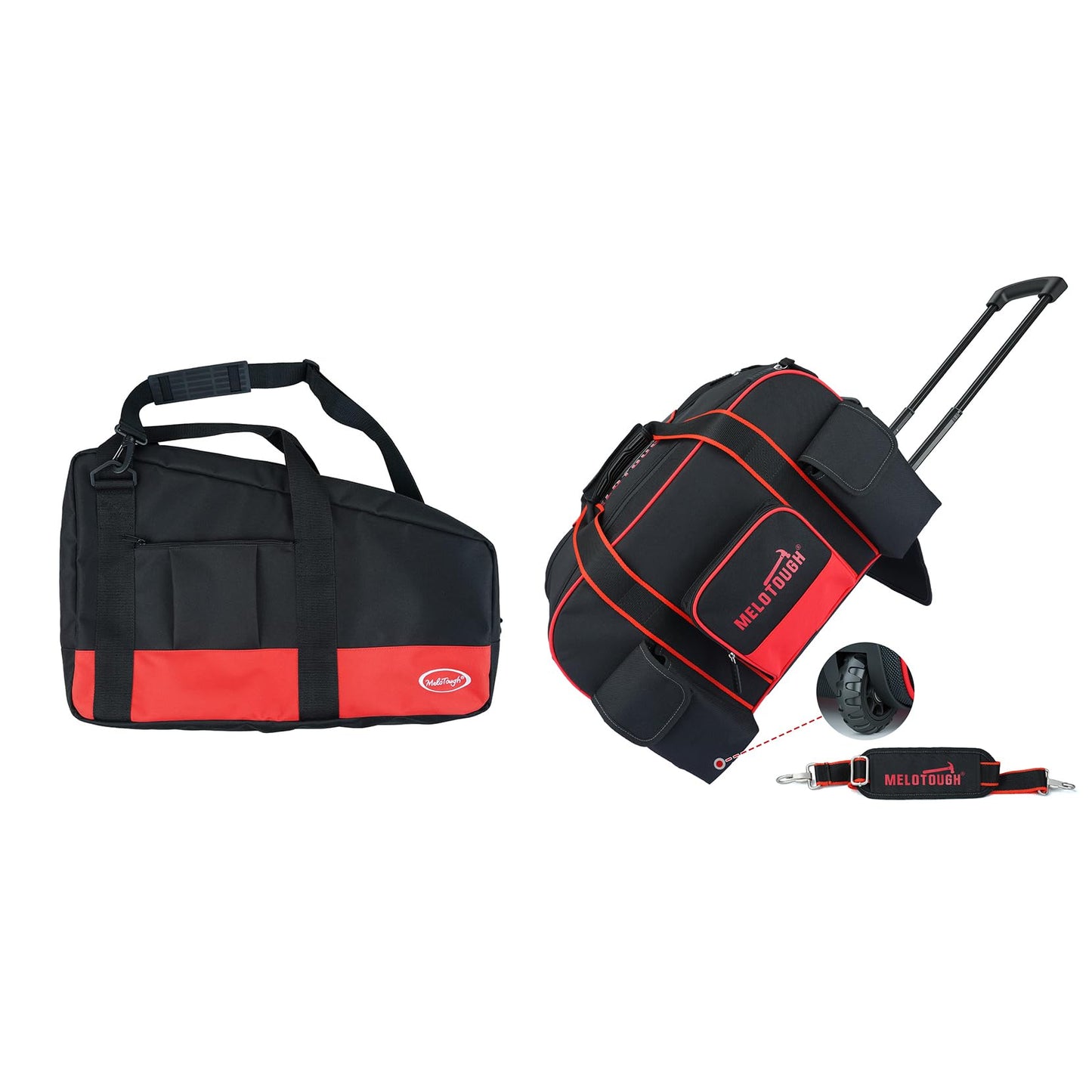 MELOTOUGH Heavy Duty Framing Nail Gun Tool Bag with Extra Storage Pockets Shoulder Strap, Rolling Tool Bag with Wheels, Concealed Telescoping Handle, Multi-Pocket Organizer