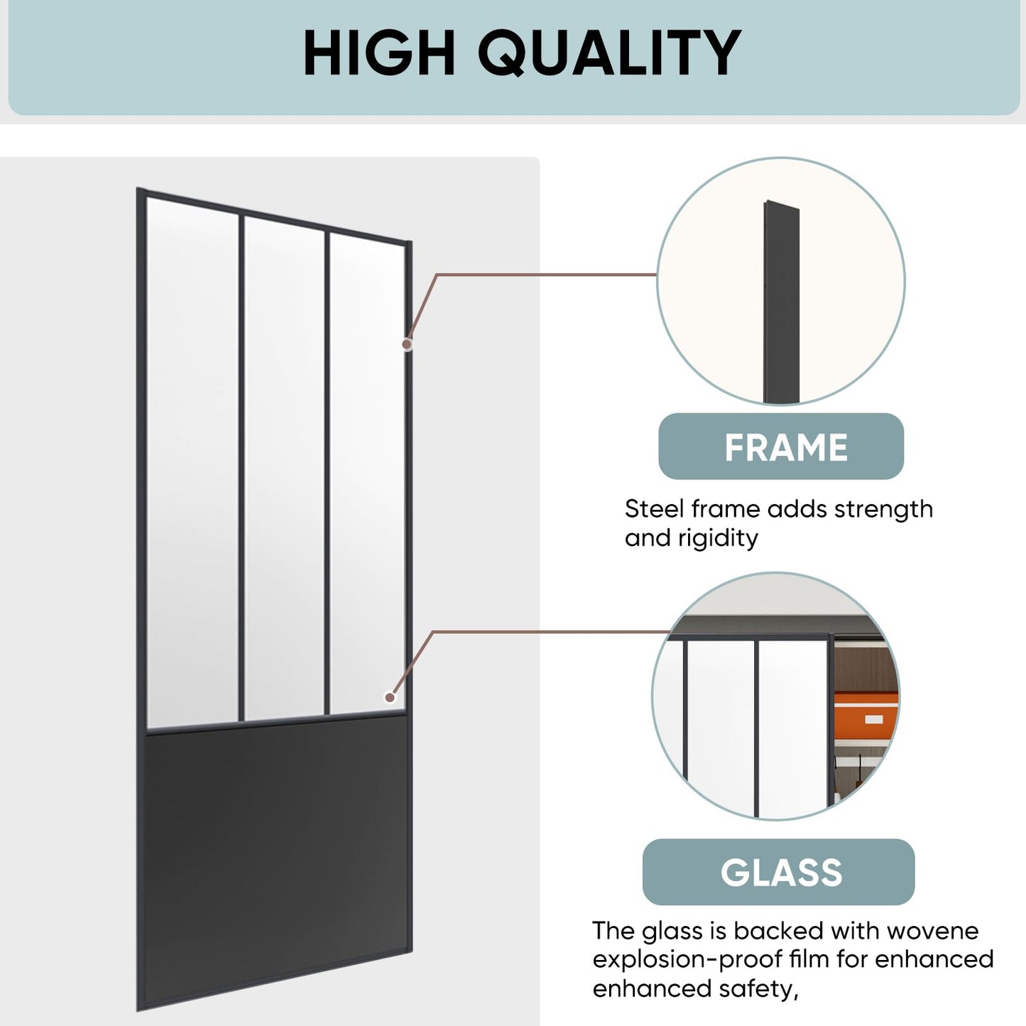 JUBEST Sliding Closet Door 72 x 80", Black Farmhouse Sliding Door with Top & Bottom Track Kits, Preassembled Frosted Glass Bypass Closet Door, Easy to Install