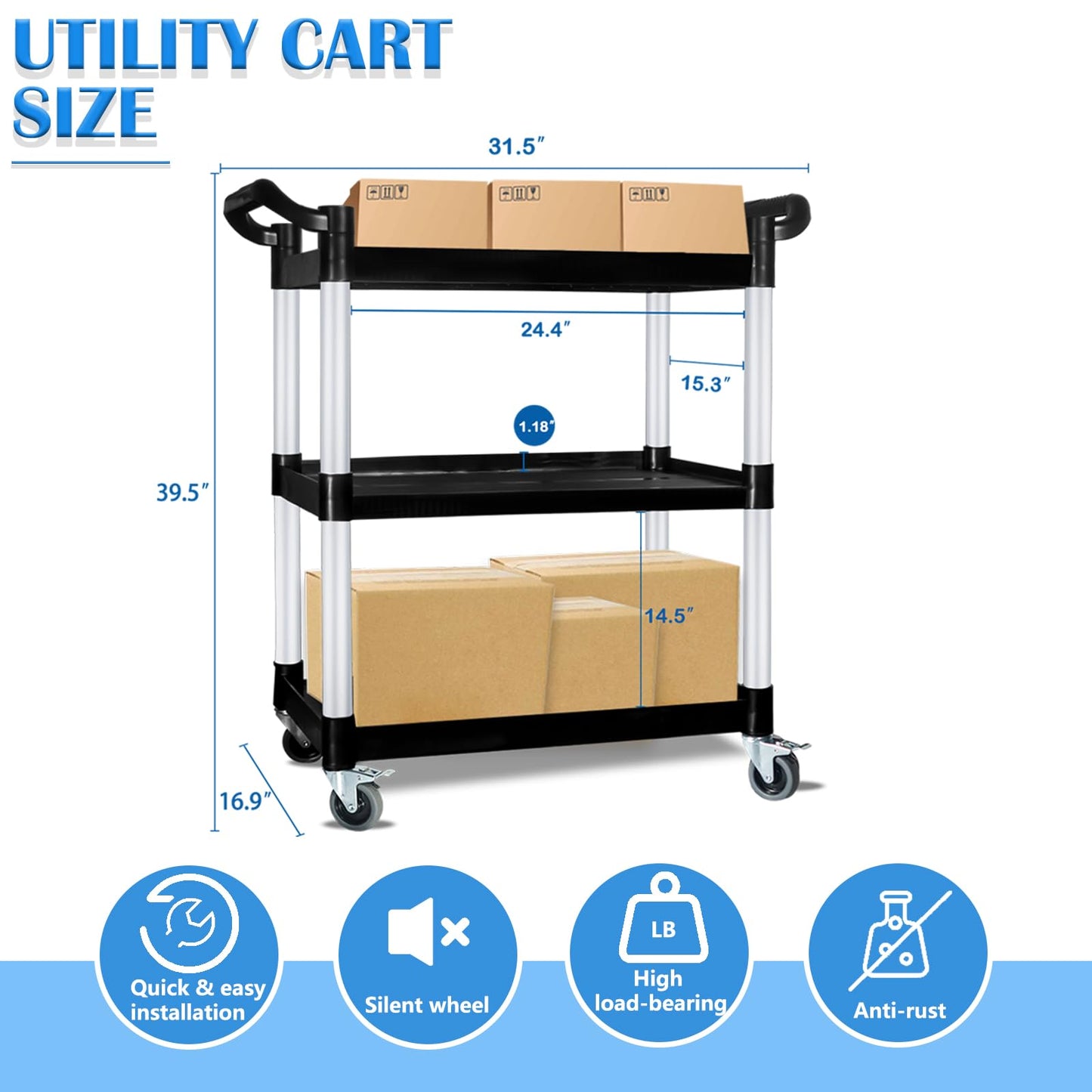 Utility Cart with Wheels, 3 Tier Rolling Cart, Food Cart, Plastic Heavy Duty Utility Cart, Restaurant Kitchen Service Cart on Wheels for Office Business Garage， 510lbs 16.9" D x 31.5" W x 39.5" H
