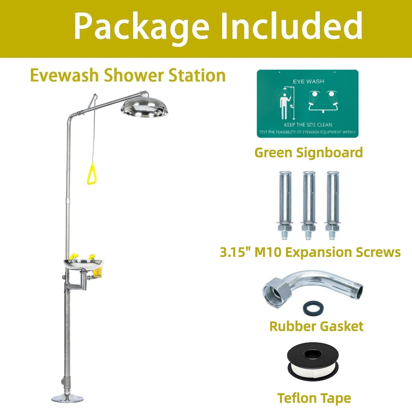 lukar Emergency Shower Eye Wash Station, 304 Stainless Steel Eye Wash Shower Station, 90”Combination Eyewash Shower Station for Industrial Commercial, with Emergency Sign & NPT Threads