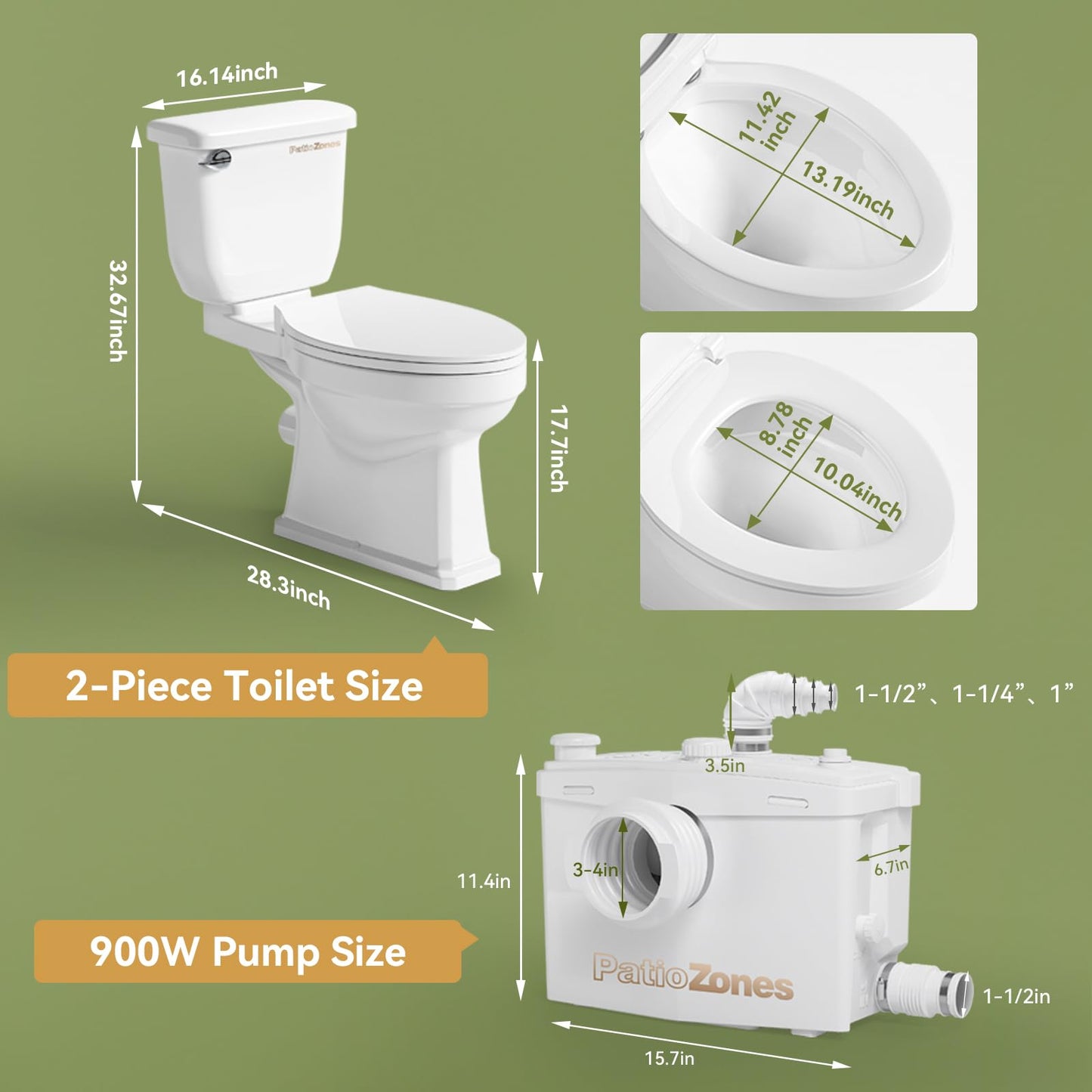 900W Basement Upflush Toilet System, Macerating Toilet with Pump, Head Lift Up to 39.3ft, Included Two-piece Elongated Bowl, 4 Inlets, Top & Side Discharge Macerator Pump, Extension Pipe