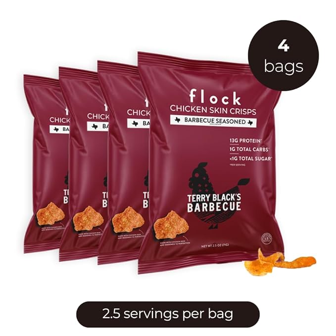 Flock Keto Chicken Skin Chips | Terry Black's BBQ Flavor | Low Carb, High Protein, Sugar Free, Gluten Free Fried Chicken Skins for People | (2.5oz) 4-Pack Crispy Flock Chips