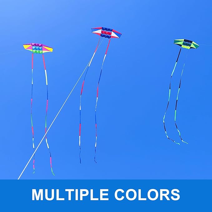 Beach Kites for Adults Large with Long Tail, 98 inches Super Easy Flyer 3D Rainbow Box Kites, Comes with Two 49 Feet Multi Colors Tails, 300 ft Kite String & Handle