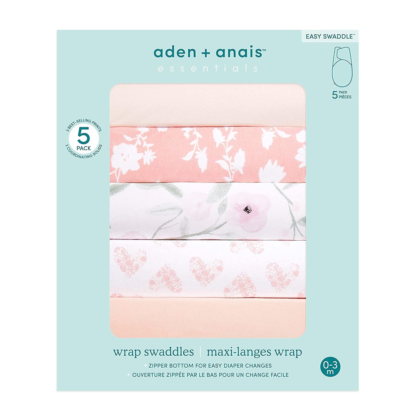 aden + anais Essentials Easy Swaddle Wrap Quick Change with Bottom Zipper, Snug Cotton Knit Baby Wrap Swaddle Blanket for Newborns, TOG 1.0, 5 Pack, Feminine Florals, 0-3 Months, Small/Medium