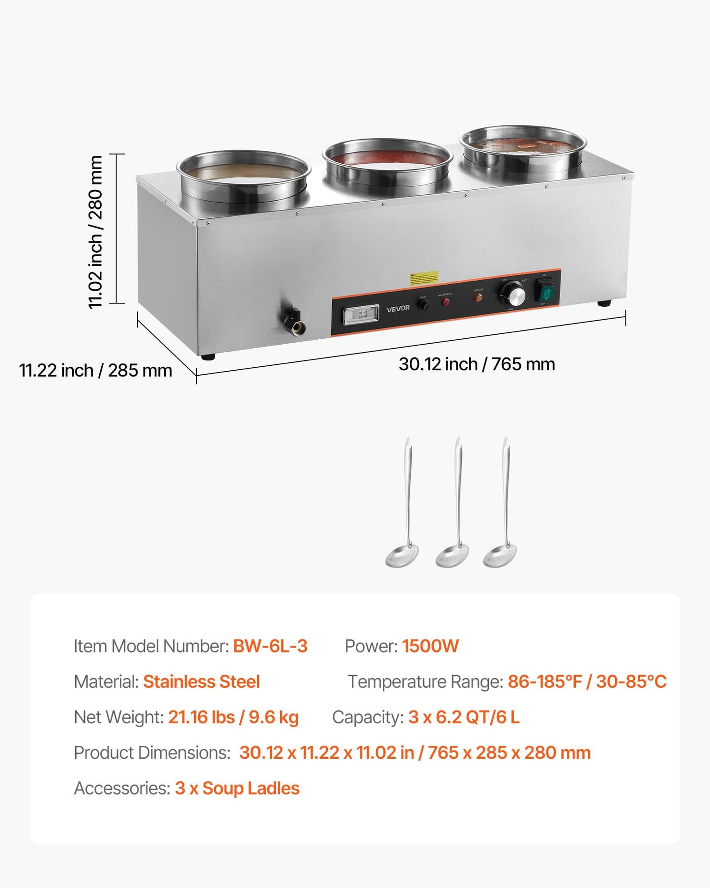 VEVOR Electric Soup Warmer, Three 6.34QT Stainless Steel Round Pot with 86~185°F Adjustable Temp, 1500W Commercial Bain Marie with Anti-Dry Burn and Reset Button, Soup Station for Restaurant, Buffet