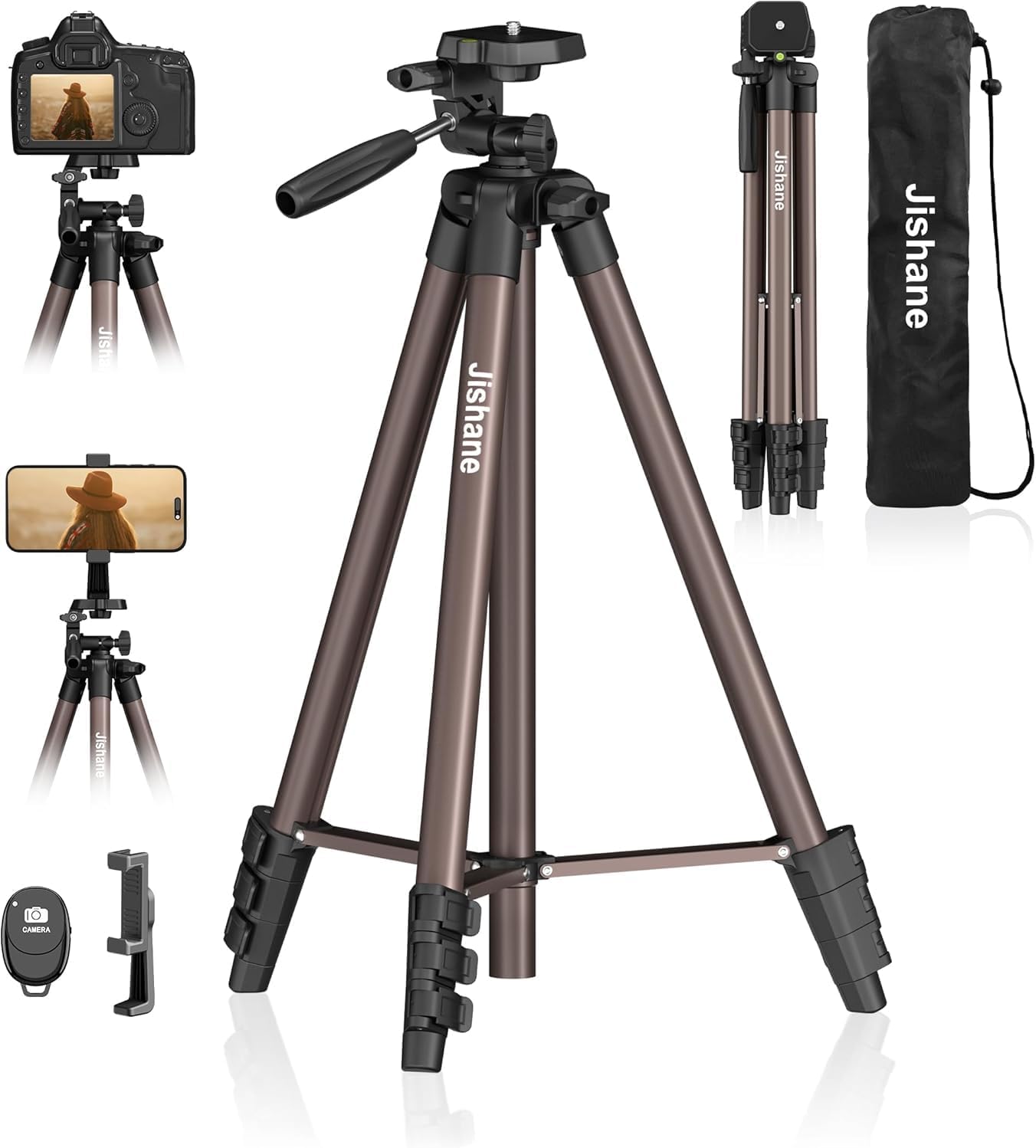 Jishane 71" 6.6 lb Camera Tripod,Lightweight Aluminum Phone Tripod with Wireless Remote, Phone Holder & Carry Bag