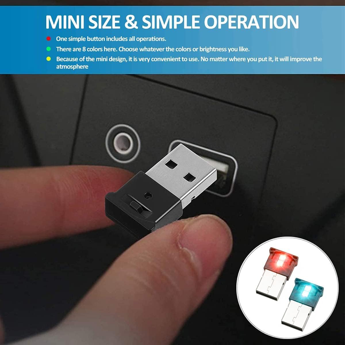 AOZITA 8 5V) 2) Mini USB LED RGB Light Brightness Adjustable Color Changeable for Car, Laptop, Keyboard. Atmosphere