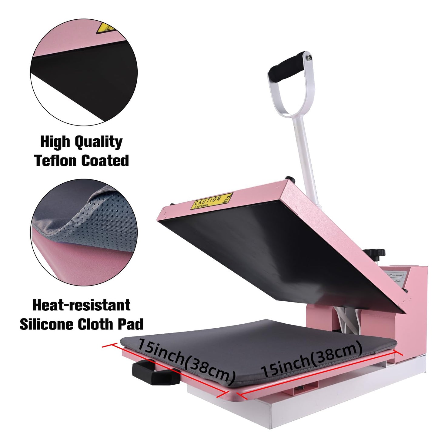 BetterSub Industrial 15"x15" Clamshell Heat Press Machine for T-Shirts, Sublimation, Vinyl & HTV - Digital Control, Non-Stick Teflon Plate, Safety Features for DIY/Home/Business (Pink)