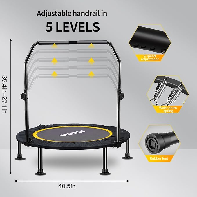 CLORIS 40in Folding Trampoline Mini Trampoline Rebounder Trampoline for Adults Fitness Trampoline with Adjustable Foam Handle, with safty Padded Cover Best Gift.