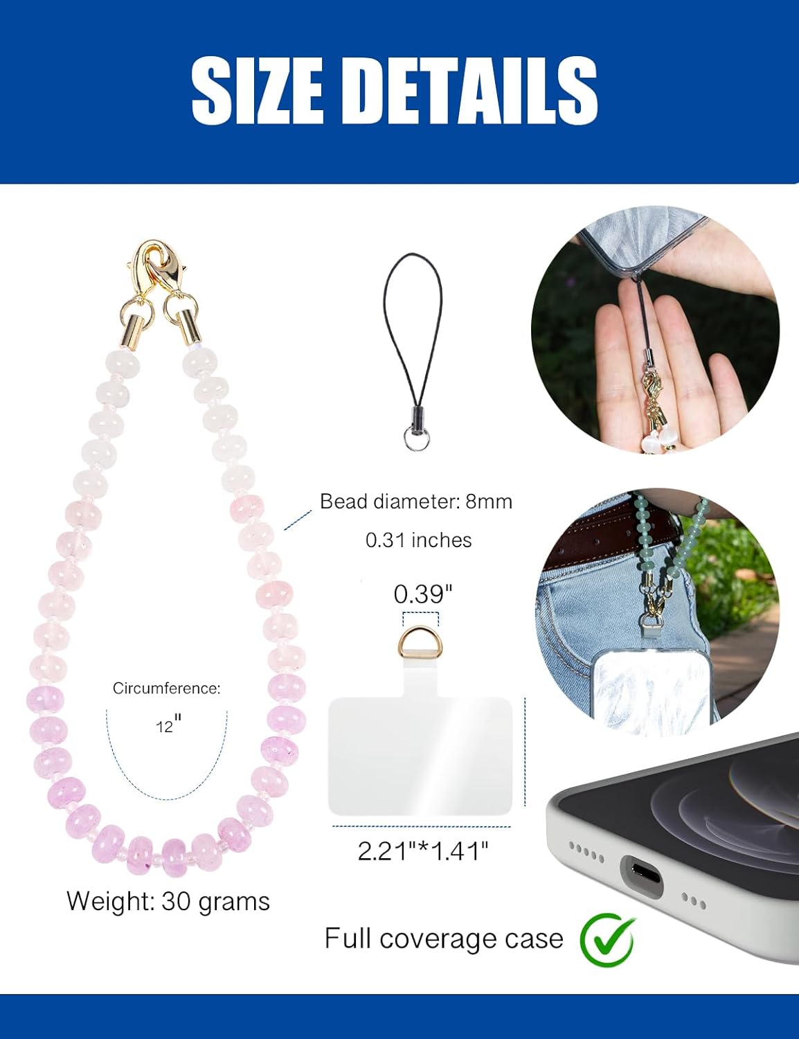 CH.yishi Handmade Natural Gemstone Crystal Beaded Charm Cell Phone Camera Lanyard, Hands-Free Wrist Strap, Phone Chain