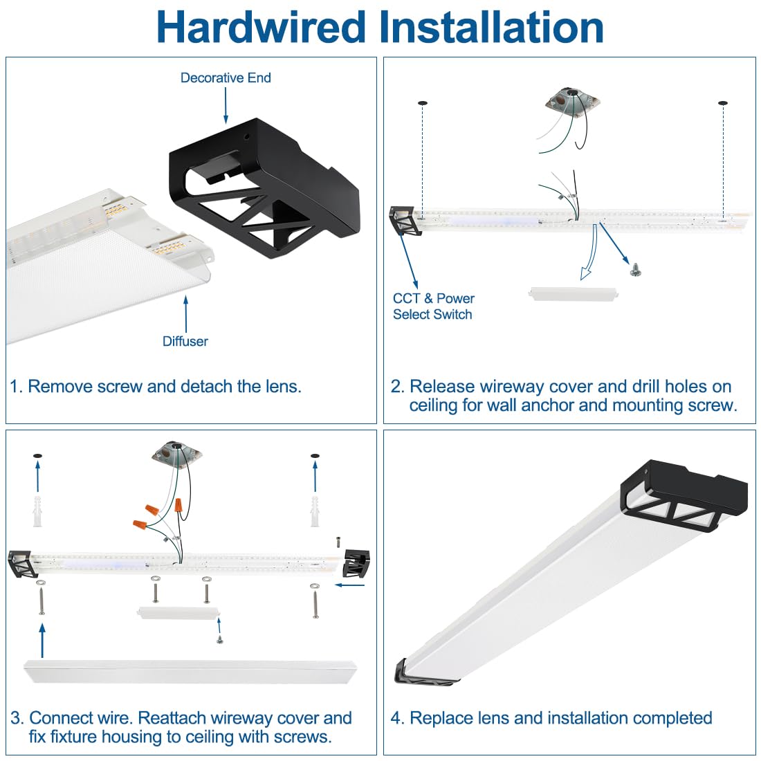 DAKASON 4FT LED Shop Lights for Garage Ceiling with Night Lighting, 48in LED Wraparound Light 75/65/55W 3/4/5000K Selectable, LED Ceiling Light Surface Mount for Office Workshop 4Pack