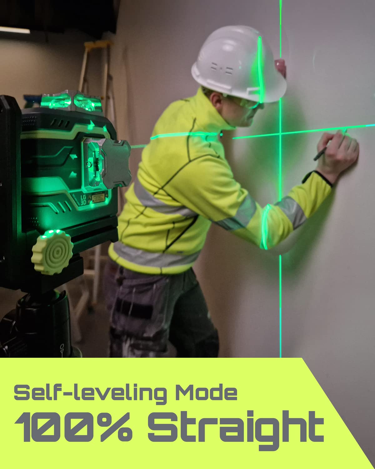 LasGoo LG-3D Laser Level Self Leveling 3x360°, 3D Green Beam Cross Line Laser for Construction and Picture Hanging, 2 Rechargeable Batteries (20 Hrs), Magnetic Liftable Stand Included, Green