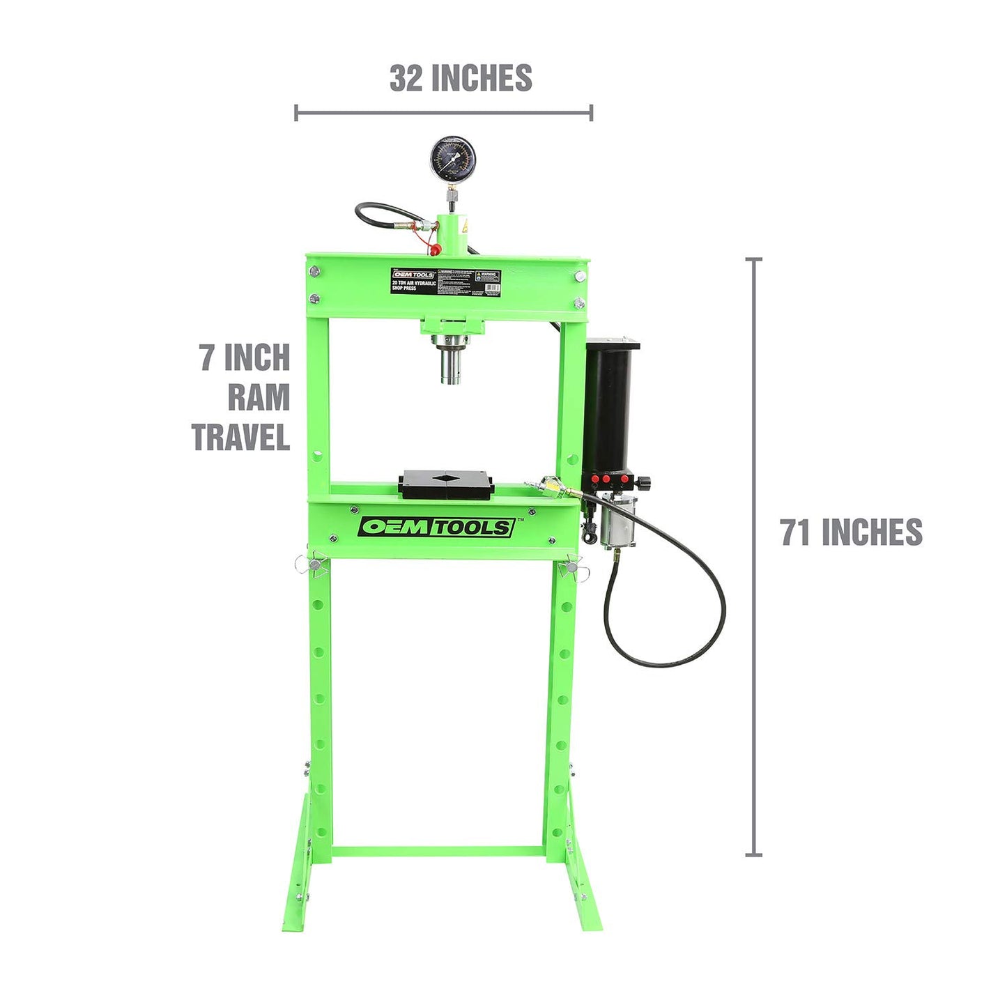 OEMTOOLS 25087 Air Hydraulic Press, 20 Ton Shop Press, Bearing Press and Metal Pressing, Dual-Speed Pump Floor Shop Press, Adjustable 20 Ton Press Head