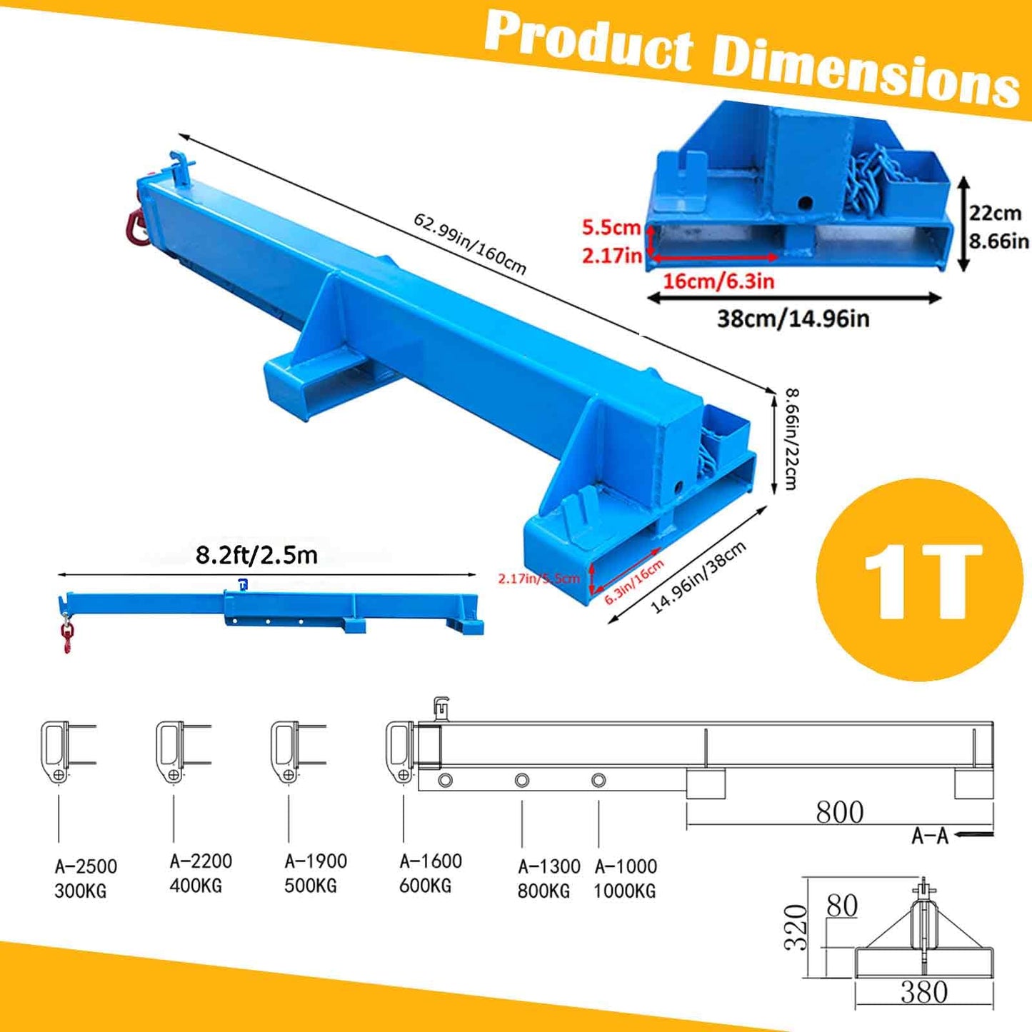 BEILOCKERY Adjustable Forklift Jib Boom Crane with Telescopic Arm, 2200 lbs Heavy Duty Mobile Crane, Includes Truss Hoist and Hook for Industrial Lifting and Towing, Max Reach 98.4 Inches