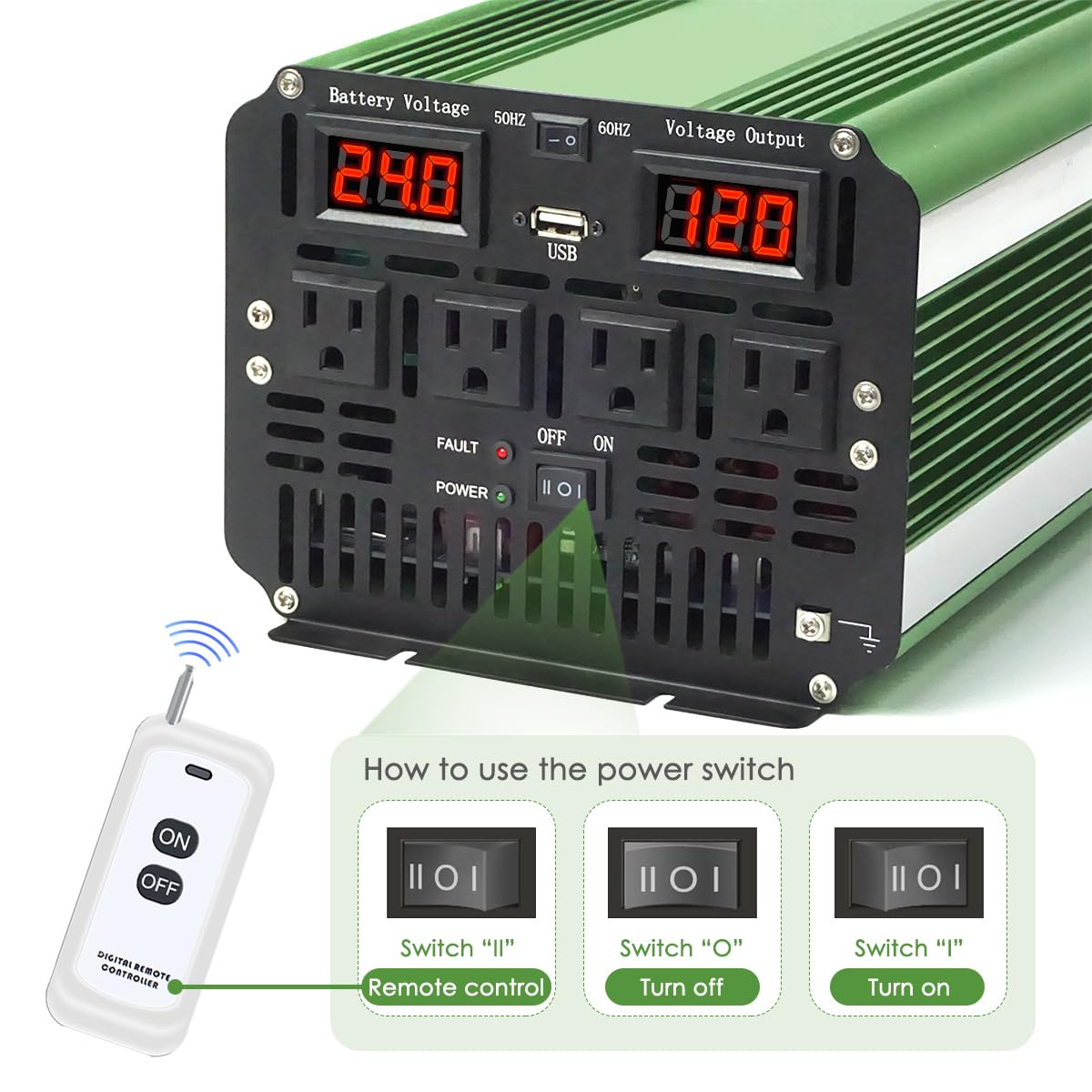 LVYUAN 4000 Watt Heavy Duty 8000(Peak) Pure Sine Wave Power Inverter 24V DC to 110V 120V AC Converter with 4 sockets,LED Display,Remote Control and USB Port for Family,RV, Truck,Road Trip,Emergency