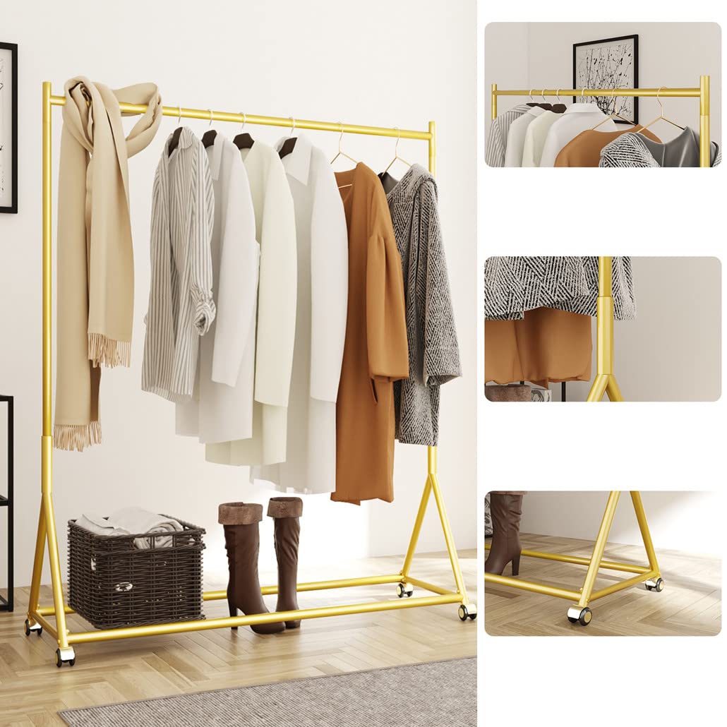 DR.IRON Modern Gold Clothing Racks Rolling Clothes Rack for Hanging Clothes Heavy Duty Metal Garment Rack Perfect for Home or Cloth Store(Gold)