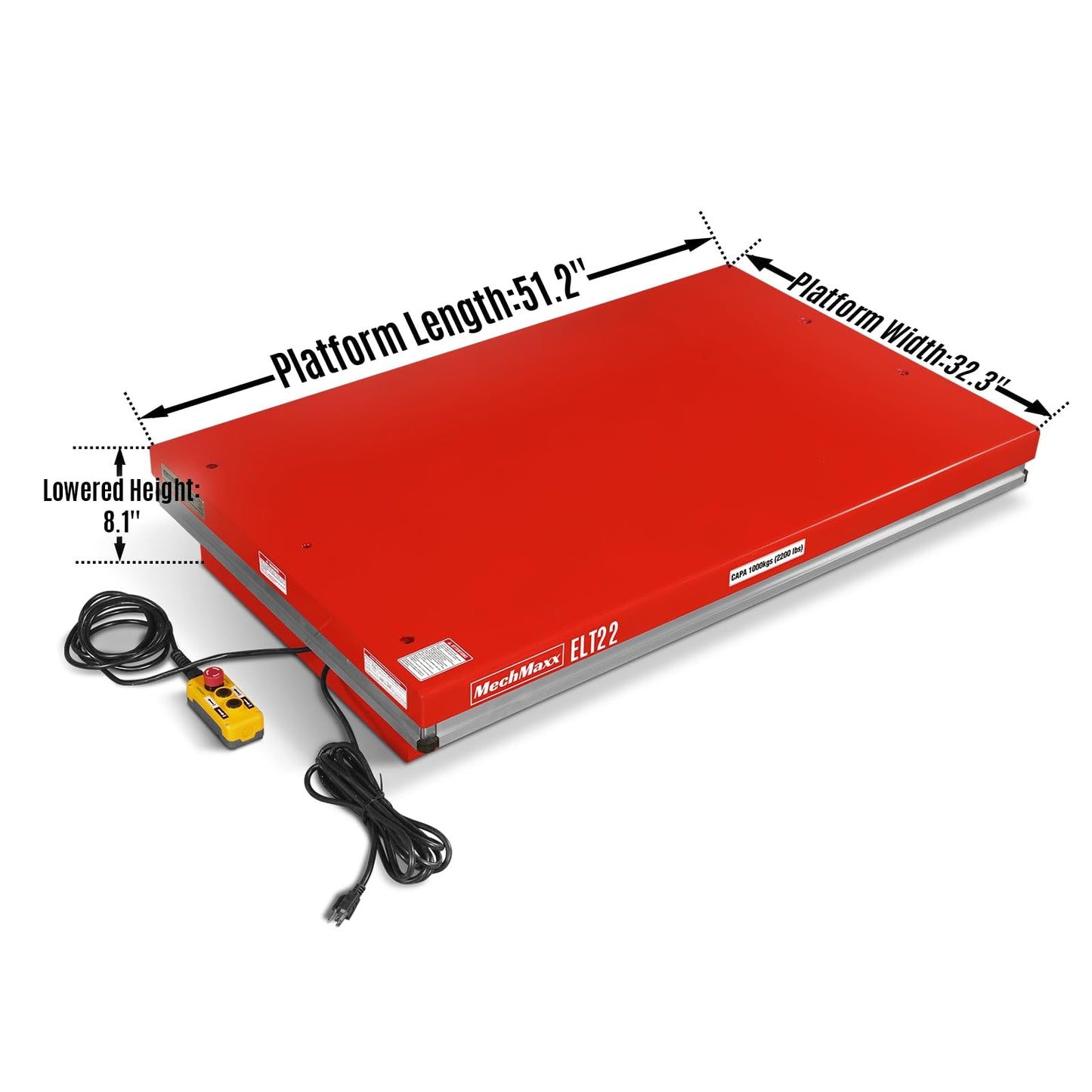 Mechmaxx 2200lb Capacity Stationary Electric Hydraulic Lift Table, 51.2” x 32.3”Platform, 39.4”Lift Height,UL Certified Motor,Model ELT22