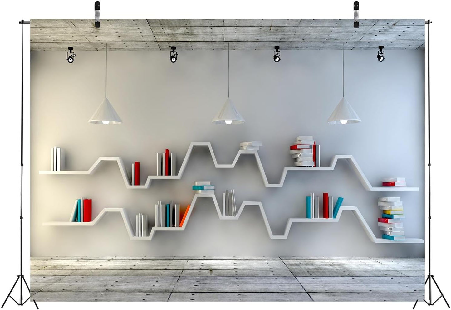 BELECO 8x6ft Fabric Living Room Backdrop for Video Conference, Modern Bookshelf with Books, Wooden Floor, Empty Room