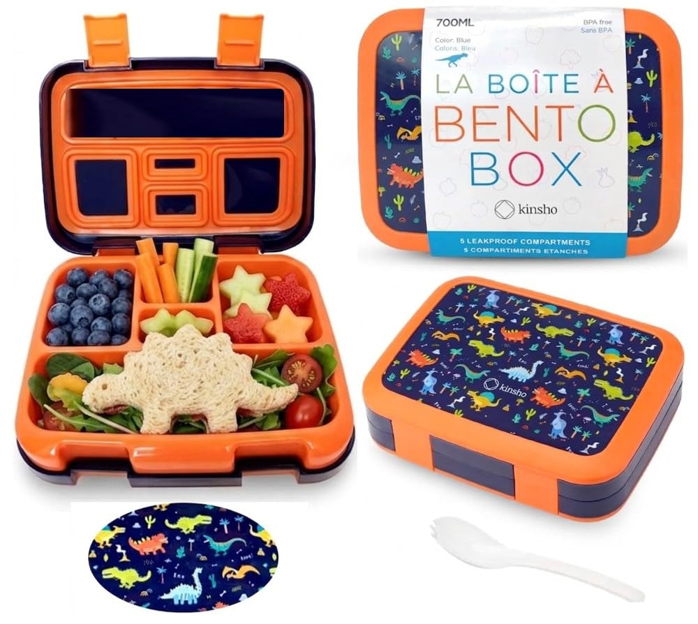 Dinosaur Bento Lunch Box for Boys Toddlers, 5 Portion Sections Secure Lid, Microwave Safe BPA Free Removable Plastic Tray, Pre-School Kid Daycare Lunches Snack Container Ages 3 to 7 Blue Orange