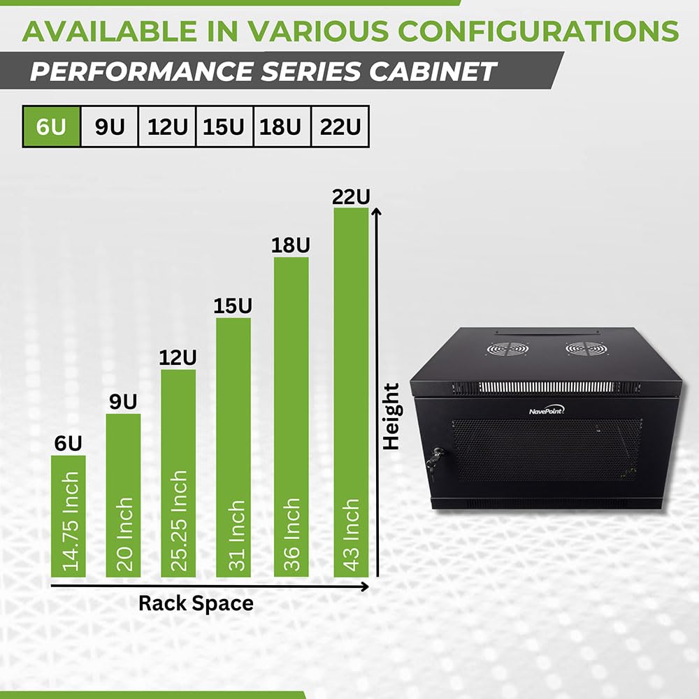 NavePoint 6U Server Cabinet Wall Mount Rack Enclosure with Perforated Door, Locking, Removable Side Panels – 6U Network Cabinet 17.7” Deep, 19 Inch Server Rack for IT and A/V Equipment