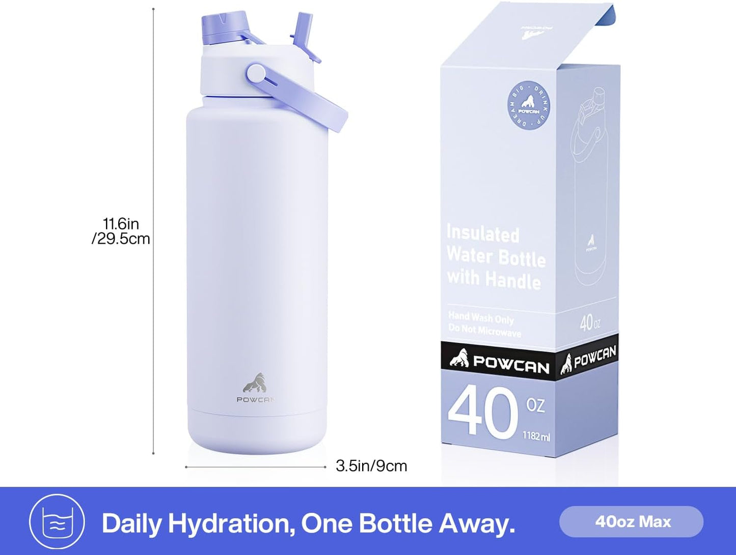 POWCAN 40 oz Insulated Water Bottle - 2-in-1 Straw & Spout Lid, Keeps Drinks Cold 24H | Leak-Proof, BPA-Free, Stainless Steel (Lupine)