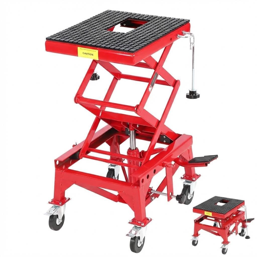 Hydraulic Motorcycle Lift Table, 350 LBS Capacity Foot-Operated Scissor Jack with Wide Non-Slip Deck, 3-Position Safety Pin & 4 Caster Wheels for ATV Dirt Bikes & Motorcycles