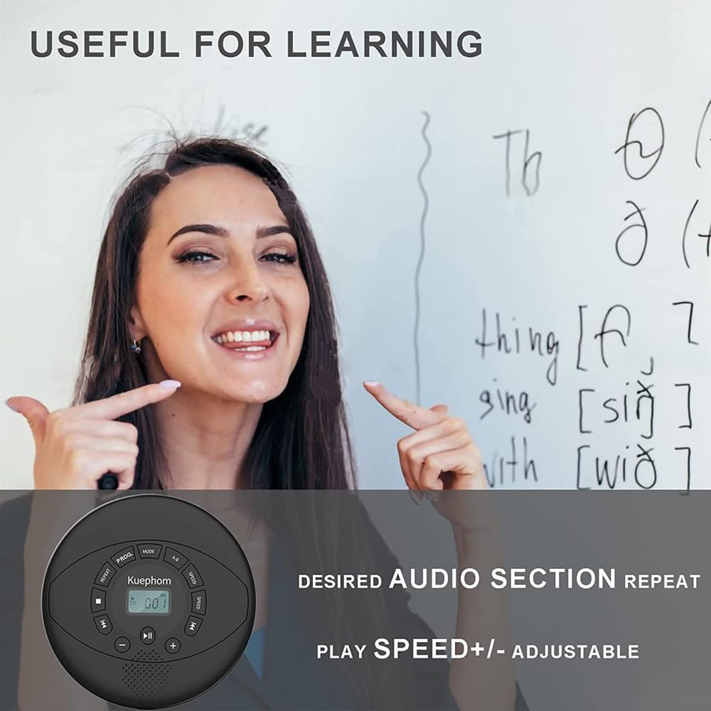 Kuephom Discman MP3, Portable CD Player Rechargeable with Speaker and Headphones, Walkman with Anti-Skip, CD-R, USB