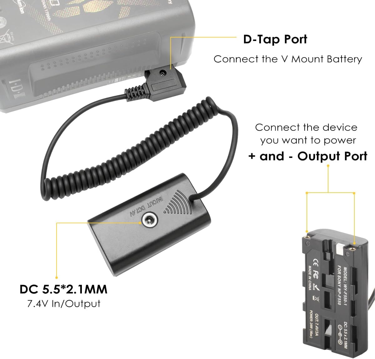 ZALUNERO NP-F970 Dummy NP-F550/770/570 D-Tap to Battery Coiled Power Cable Compatible with Sony Power Panel Light