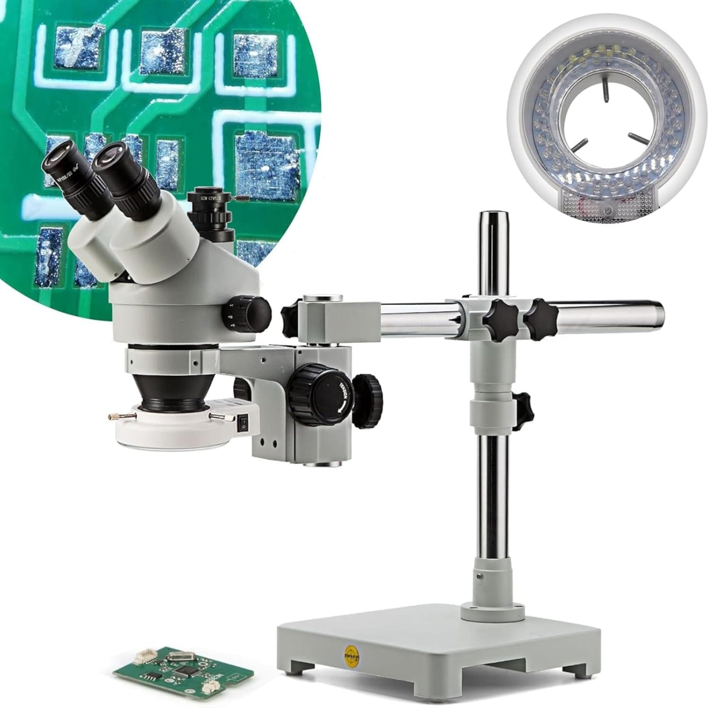 SWIFT S7 7X-45X Trinocular Stereo Microscope with Wide-Field 10X Eyepieces,0.7X-4.5X Zoom Objective Lens, Single-Arm Boom Stand, and 56-Bulb LED Ring Light