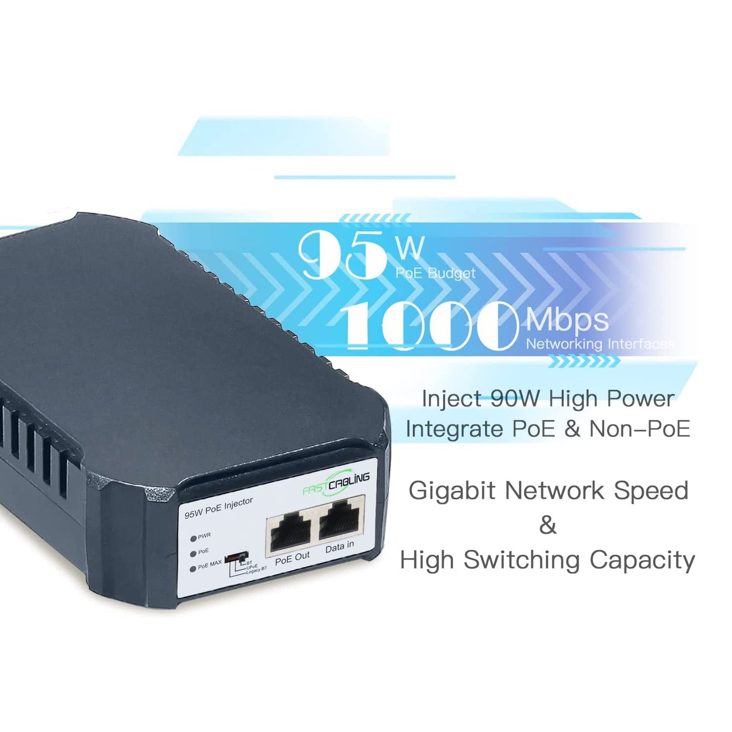 FASTCABLING 95W PoE Injector, IEEE802.3bt High Power, UPoE, PoH, Gigabit Network, Plug and Play, Wall Mount Design, Built-in PSU