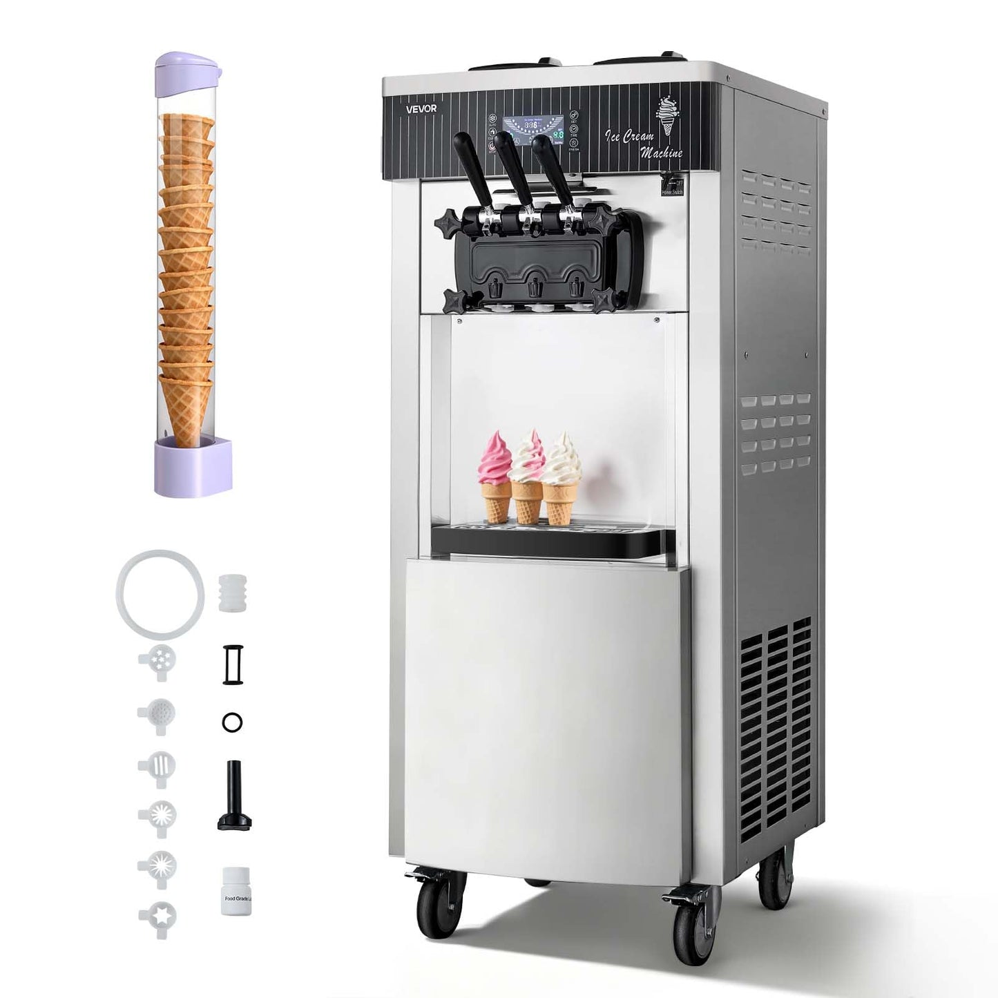 VEVOR Commercial Ice Cream Machine, 20-28L/H Yield, 2200W 3-Flavor Freestanding Soft Serve Ice Cream Maker with 2 x 6L Hoppers & Hopper Agitation, Pre-Cooling Self-Cleaning for Snack Dessert Shops
