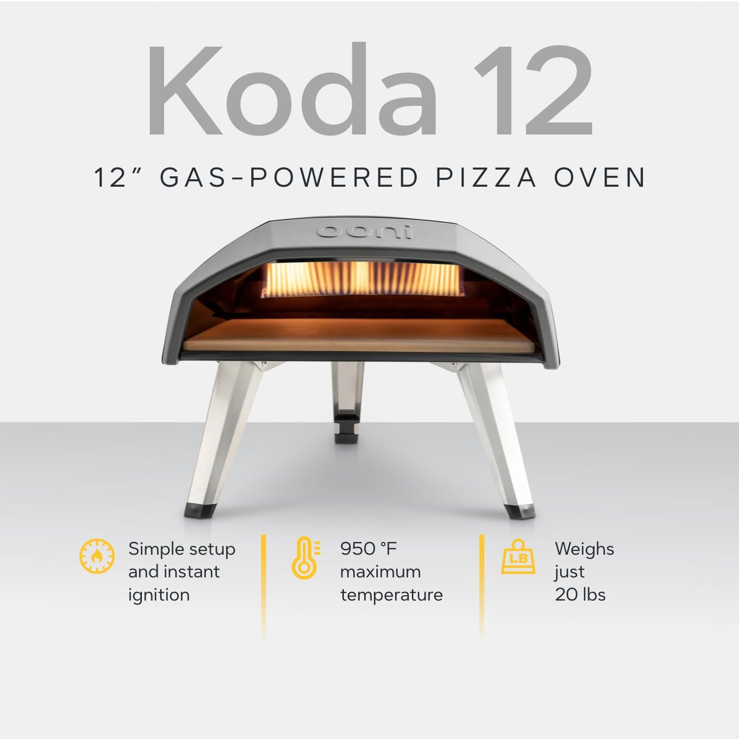 Ooni Koda 12 Gas Pizza Oven – 12" Gas Powered Outdoor Oven with 28 mBar Regulator and Gas Hose, Gas powered Portable Pizza Oven - Foundry Black
