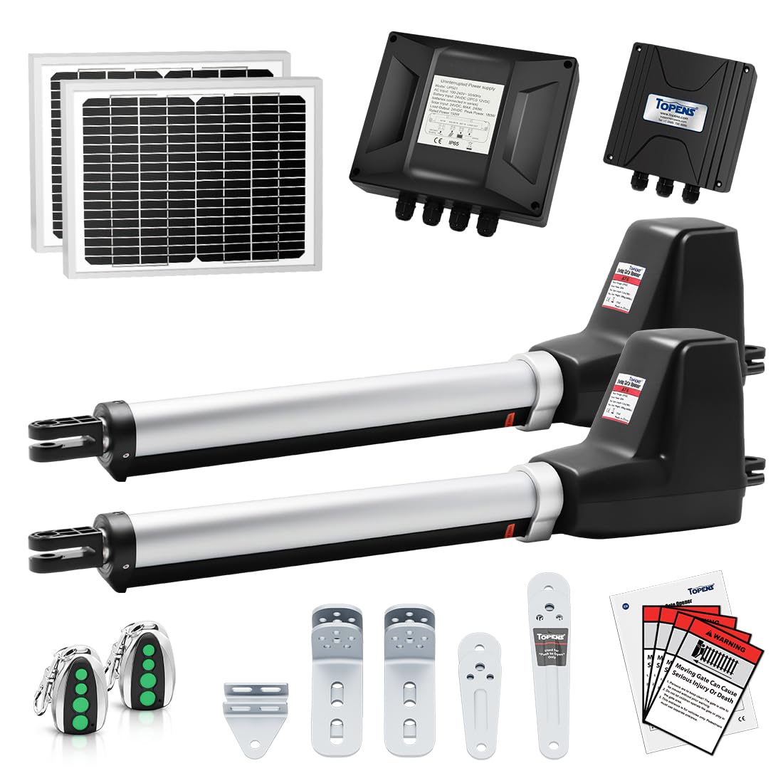 TOPENS AT6132S Solar Dual Swing Gate Opener Medium Duty Automatic Gate Motor for Double Swing Gates Up to 18ft per Arm, Electric Driveway Gate Operator AC Powered with Solar Panel Remote Control Kit