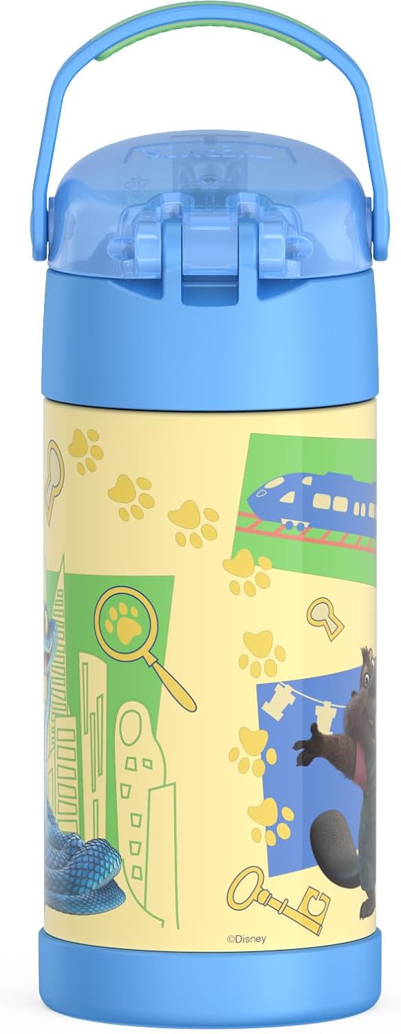 THERMOS FUNTAINER Water Bottle - 12 Ounce Kids Stainless Steel Vacuum Insulated with Straw | Zootopia Design