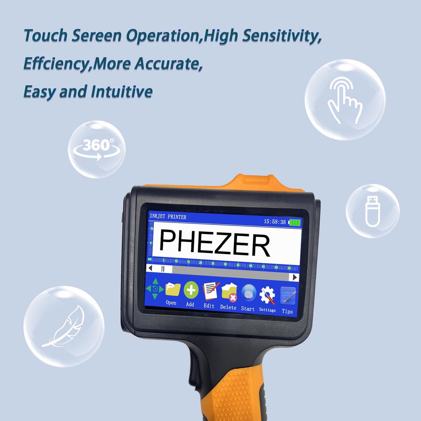 Phezer P19 Handheld Inkjet Printer for Any Surface, Portable 360° All-Round Coding Machine Print Height 2-12.7mm for Date/Time/Barcode/QR Code/Logo, with Cartridge(Anti-Slip Handle, Upgrade Version)