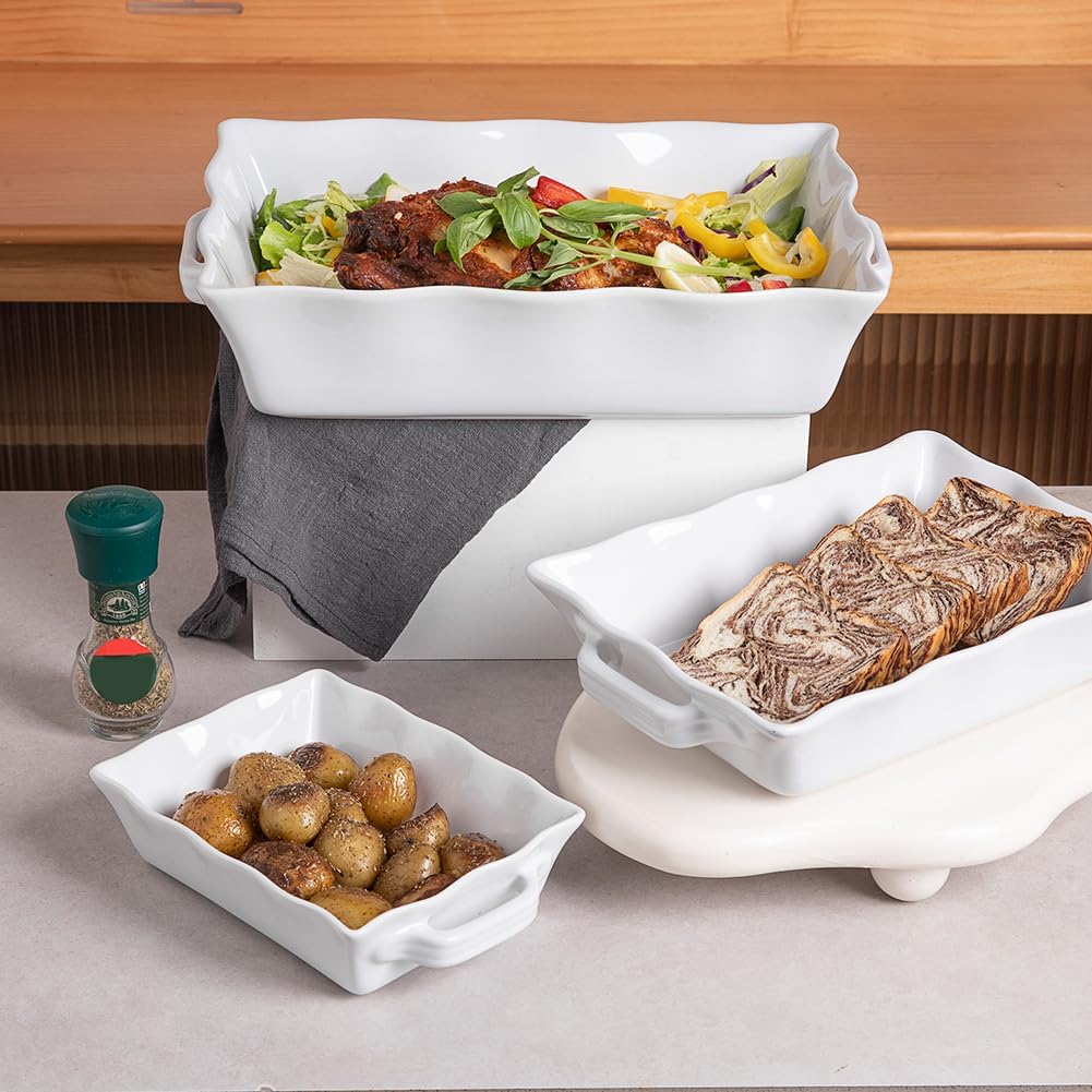 Sweejar Casserole Dishes - Ceramic Bakeware Set of 3 with Handles | Rectangular Wave Edge Lasagna Pan (White)