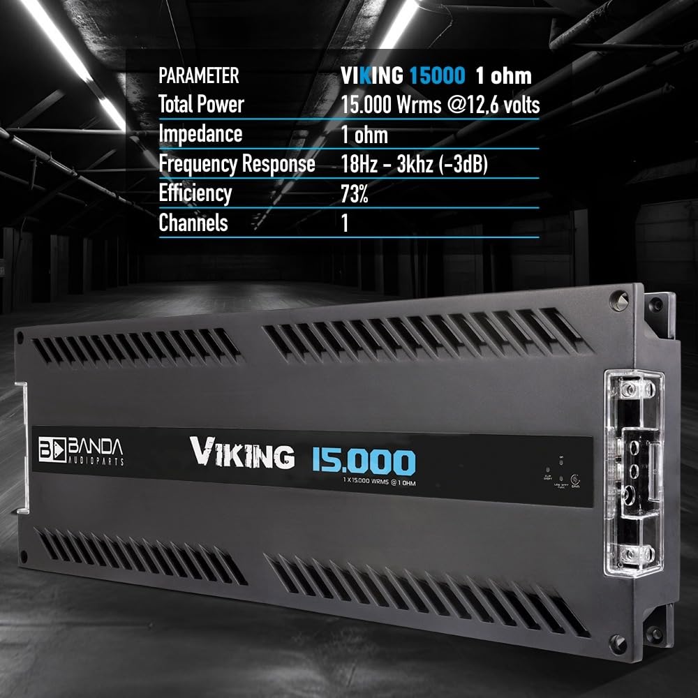 Banda Audioparts Viking 15000 Car Audio Amplifier Mono Block 1 Channel 15000W RMS 1 Ohm Stable High Power Aluminum Chassis Subwoofer Woofer Car Audio Amp