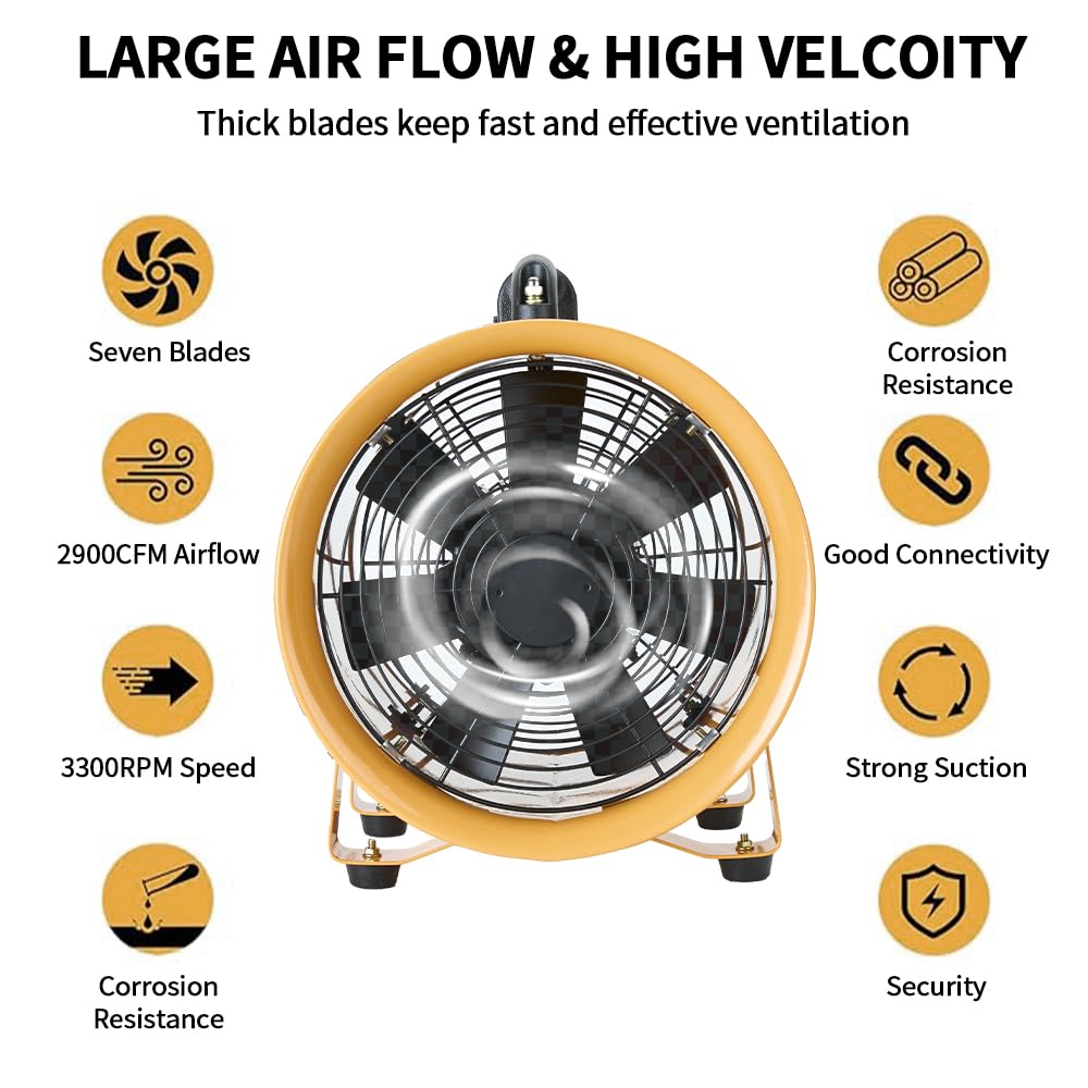 ONNAO Utility Blower Fan 8 inch Ventilator 3300RPM Extractor Industrial 1500 m3/h High Velocity Portable Ventilation Fan with 16 ft Flexible Duct Hose