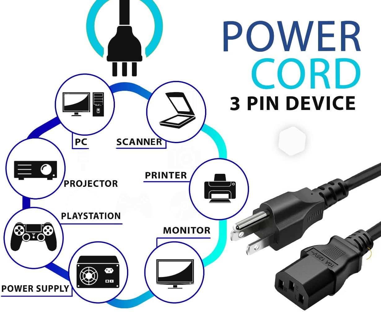 LORDTRONICS 5ft (1.5m) 10 125 3 Standard Amps Volts Black Prong AC Power Cord Cable for Electronics, TV, Computer