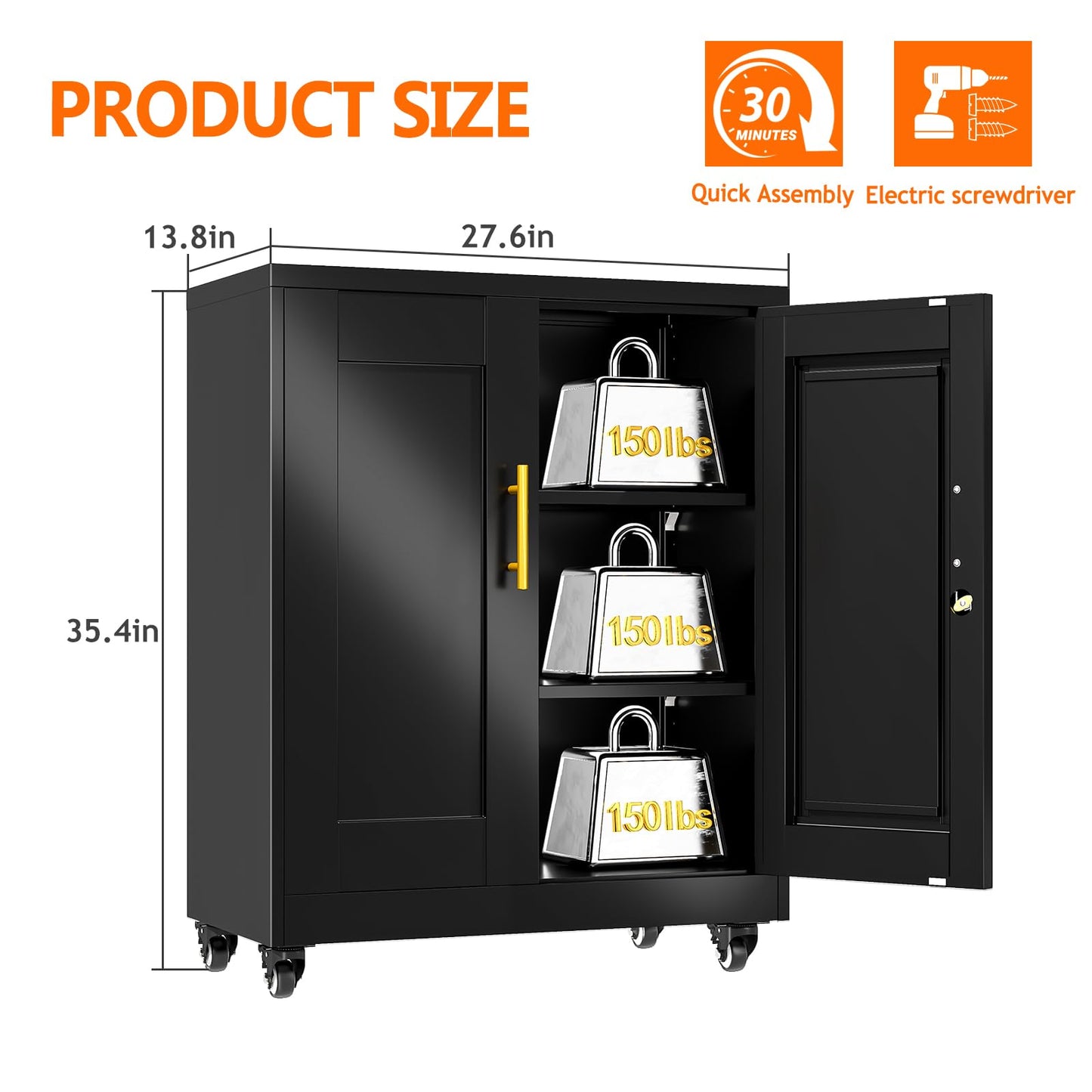 RISTERN Metal Storage Cabinet with Wheels, 36" Tall Locking Storage Cabinet with 2 Adjustable Shelves, Locking Garage Cabinet, Steel Locker Organizer, for Office, Home, School, Black