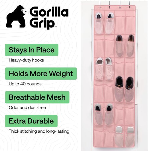 GORILLA GRIP Over The Door Shoe Organizer - 24 Large Breathable Mesh Pockets | Space-Saving Pink Storage Solution